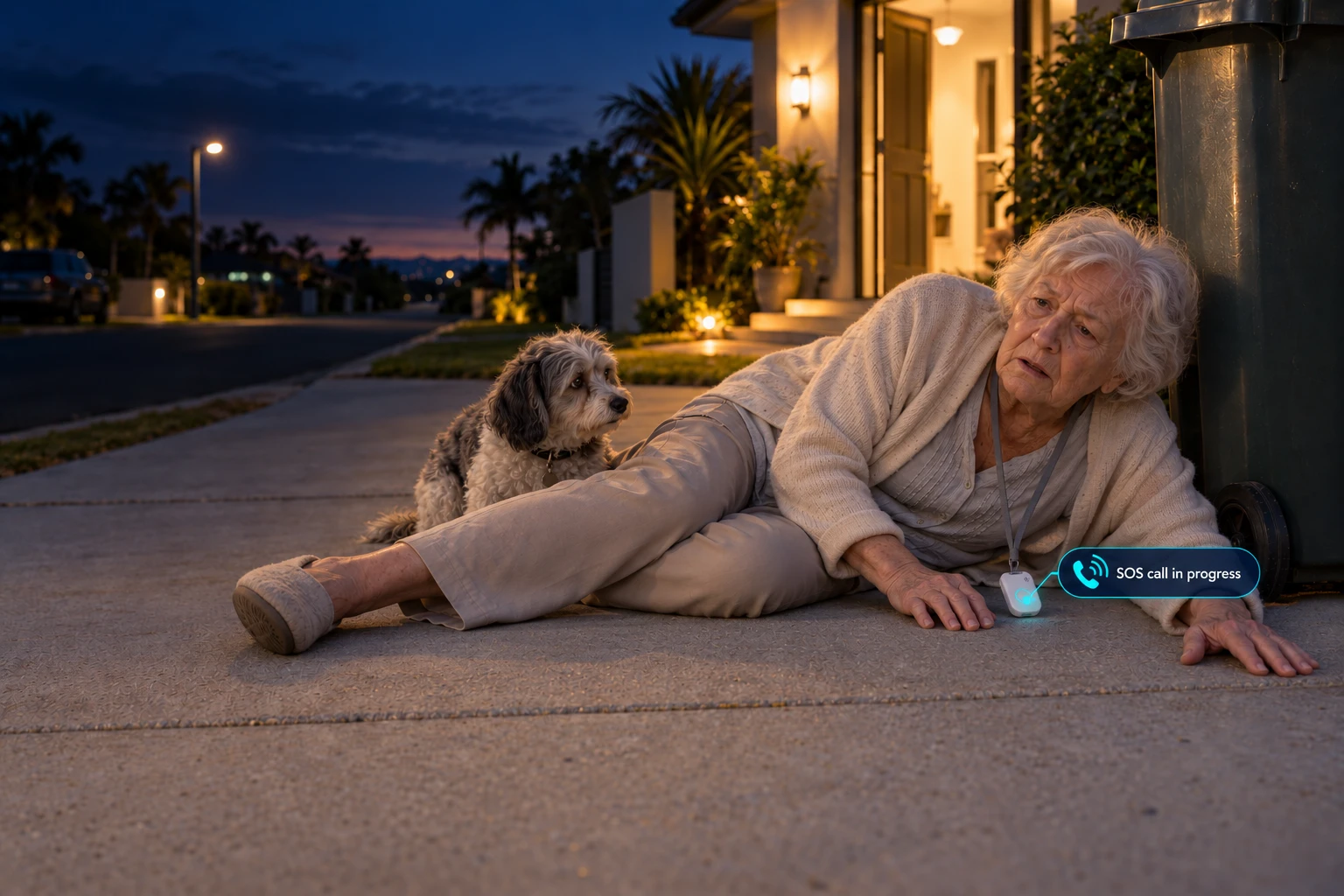 At dusk, an older woman lies on her driveway beside the wheelie bin after a fall, her dog next to her. The SOS Everywhere pendant on her lanyard glows, with an SOS call in progress.