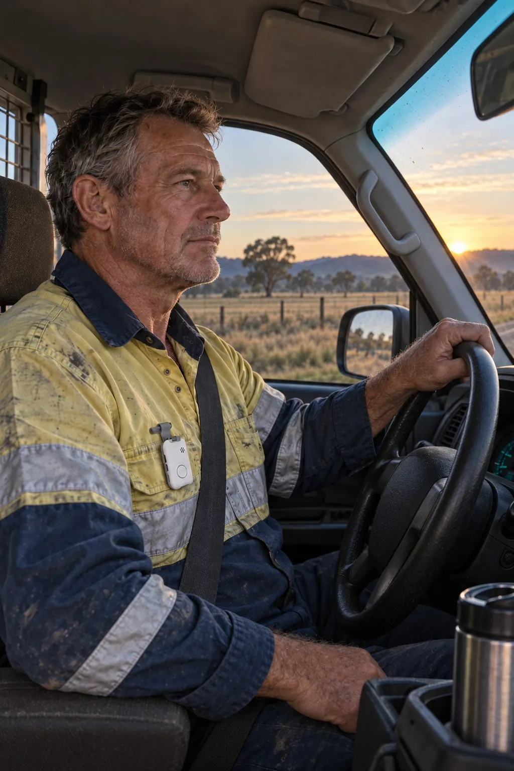 A tradesman driving a work ute at sunrise with SOS Everywhere clipped to his shirt pocket