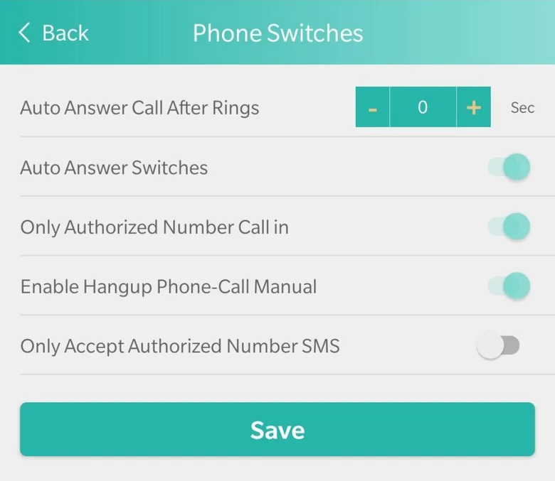 The Phone Switches screen in the Smart Locator app: auto answer on, only authorised numbers can call in, and hang up by hand on.